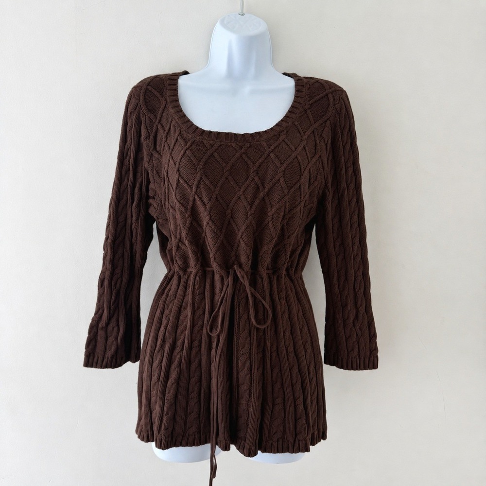 Vtg Y2K Brown Cotton Cable Knit Tunic Sweater Drawstring 1X Cottagecore Earthy